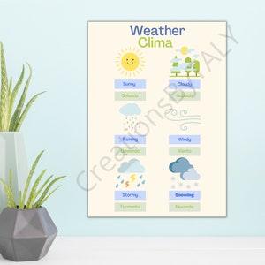 weather Póster educativo bilingüe imprimible, póster escolar en inglés y español, juego de impresión educativo, póster en el aula, Clima Clima