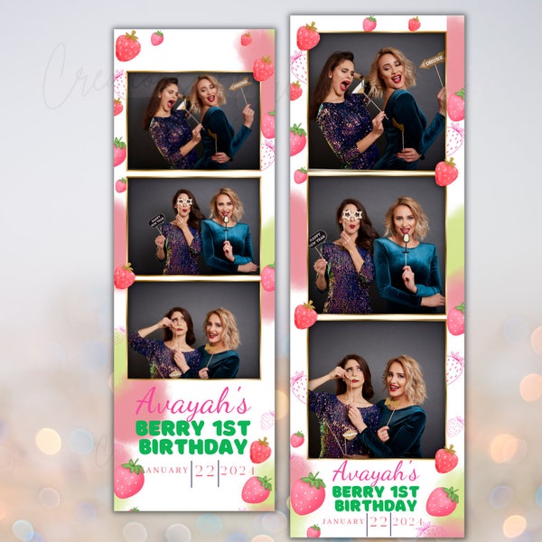 Berry first birthday, Strawberry Photo Booth Template 2x6 salsa booth, EDITABLE Photo booth frame Birthday Strawberries, Berry first Photo