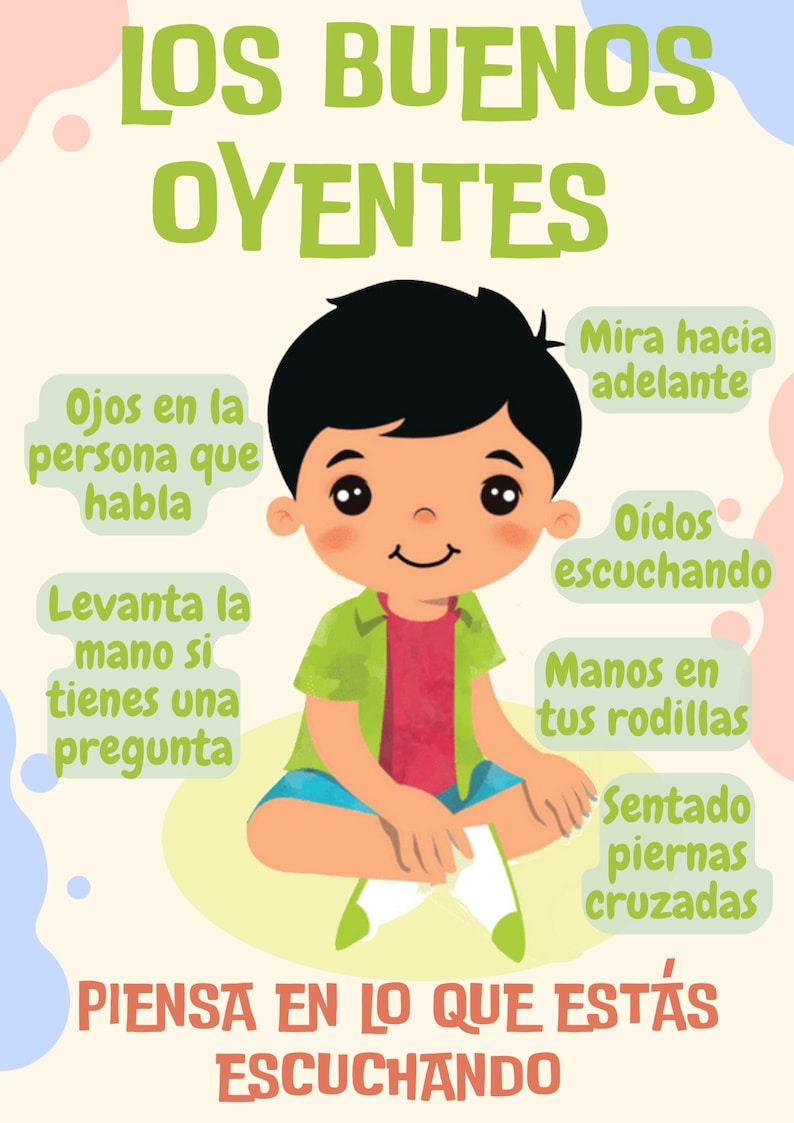 May include: Illustration of a child sitting with legs crossed, hands on knees, looking straight ahead, with the text "LOS BUENOS OYENTES" at the top of the image. The illustration is surrounded by text bubbles with tips on how to be a good listener, such as "Ojos en la persona que habla" (Eyes on the person who speaks) and "Levanta la mano si tienes una pregunta" (Raise your hand if you have a question).