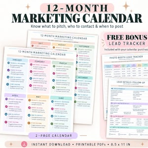 May include: A 12-month marketing calendar for photo booth business owners, featuring color-coded monthly sections for holidays, events, and posting schedules. Includes a free bonus lead tracker and lead details follow-up sheet, 8.5 x 11 inches.
