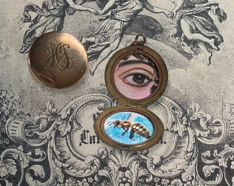 Antique locket with original brown lovers eye and bee miniatures, Victorian inspired, wearable art, antique jewelry, brown lovers eye, art