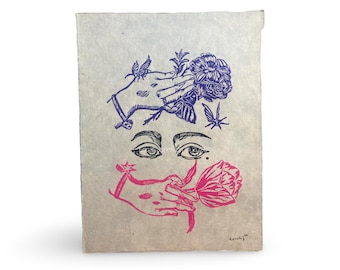 Lover’s Eye And Hands With Flowers Original Linocut Print, 8.5x11