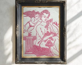 Venus And Cupid Original Linocut Print, Classical Art, 8.5x11