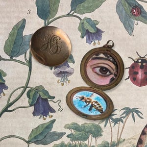 Antique locket with original brown lovers eye and bee miniatures, Victorian inspired, wearable art, antique jewelry, brown lovers eye, art