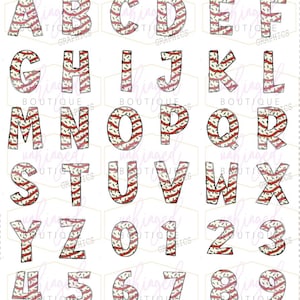May include: Red and white striped alphabet letters and numbers with a green and white sprinkle pattern. The letters and numbers are outlined in black.