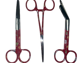 Set of Three: Bandage Scissors, Nurse scissors and Forceps with Festive Christmas design