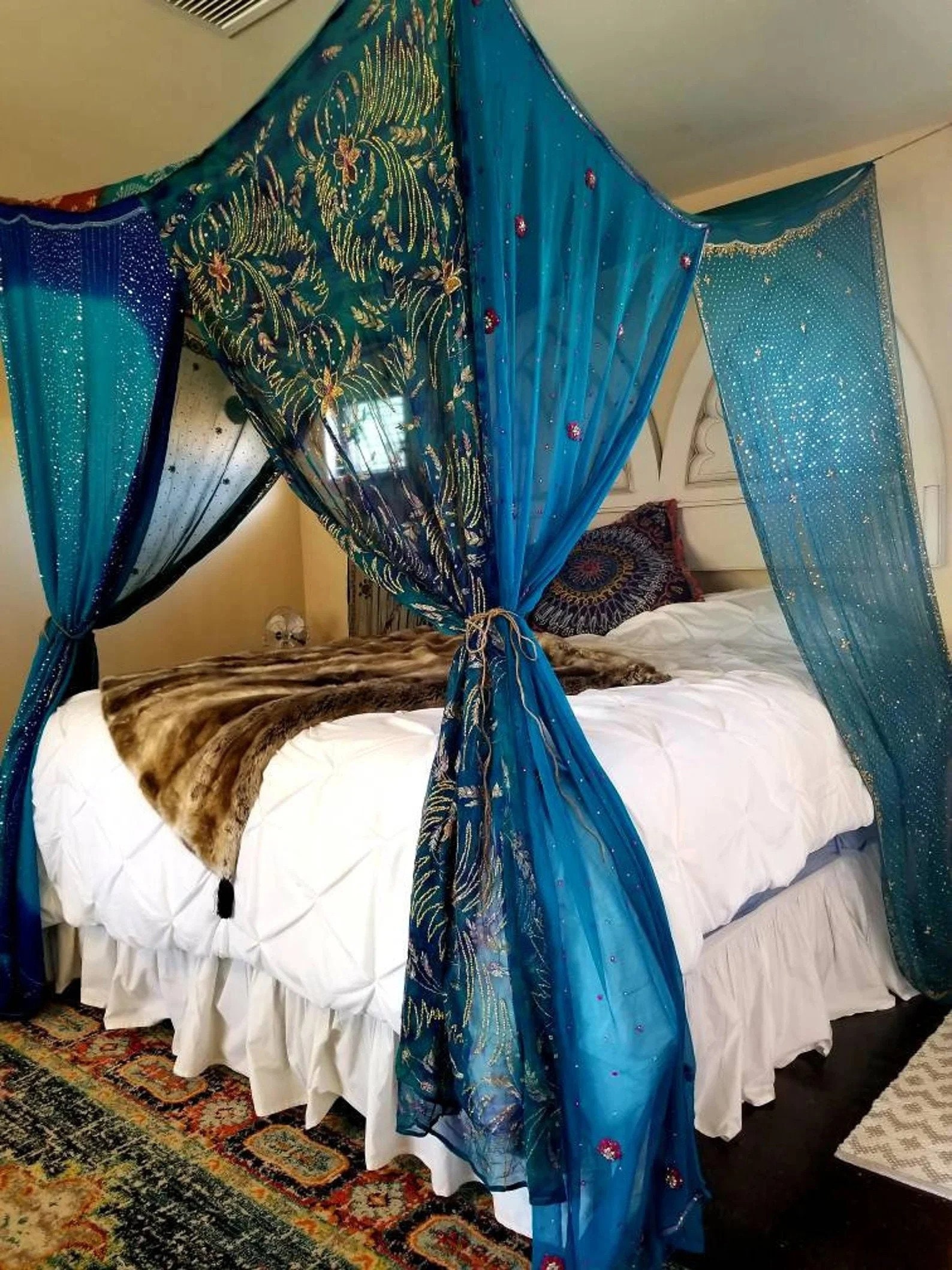 Bed Canopy Queen Midnight Blue Galaxy Boho Curtains Bedroom Etsy