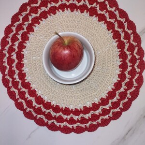 Handmade Crochet Table Mat | Red and Cream Holiday Placemat | Christmas Table Decor image 3