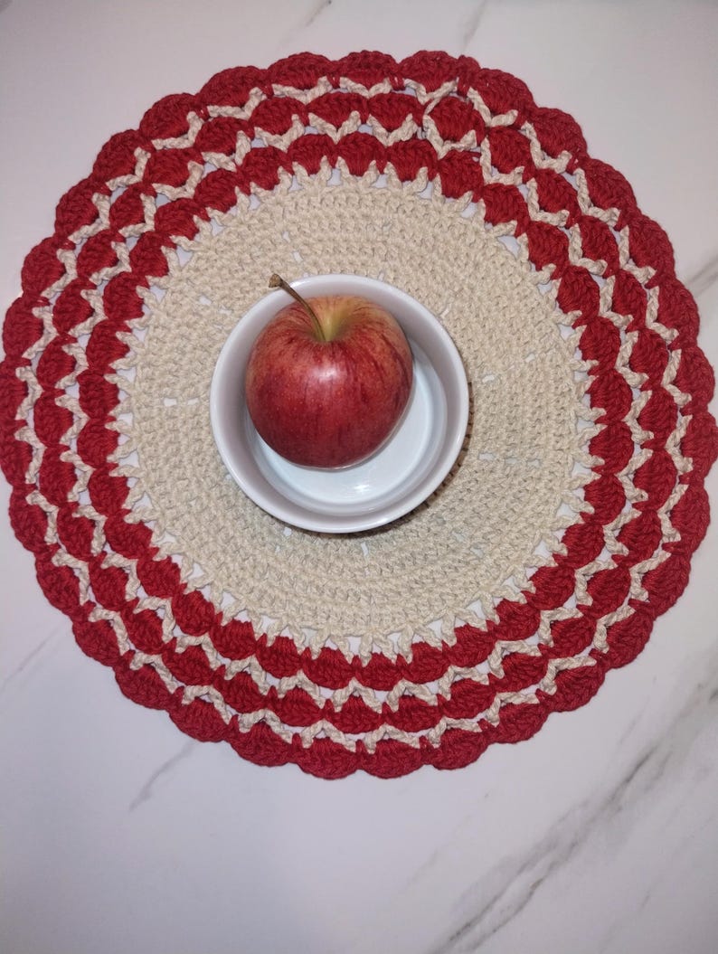 Handmade Crochet Table Mat | Red and Cream Holiday Placemat | Christmas Table Decor image 3