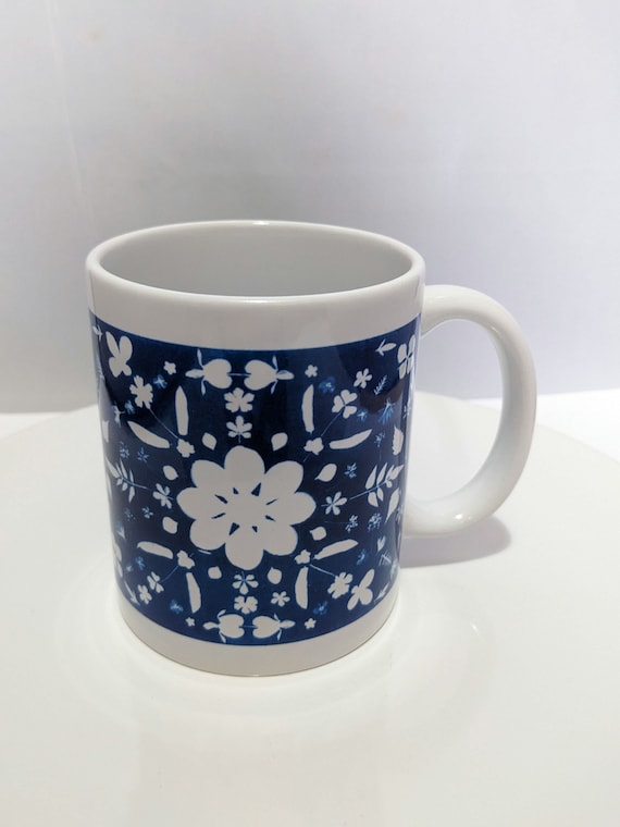 Floral Pattern Cyanotype Mug | 11oz ceramic mug | Kaleidoscope Pattern of Nature in Blue