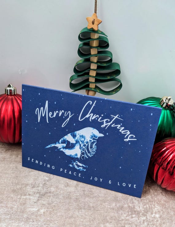 Christmas Robin Greetings Card for Charity - Wild Oxfordshire - Cyanotype design - Merry Christmas! Sending Peace, Joy & Love