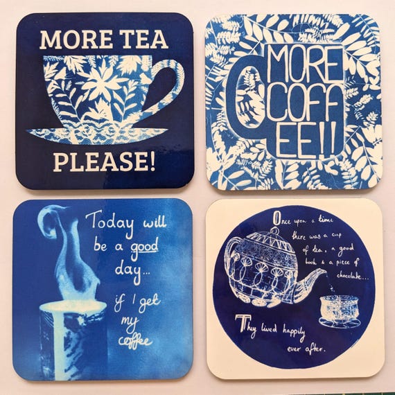 Coaster | Unique cyanotype designs | Teapot and quote | More Tea Please