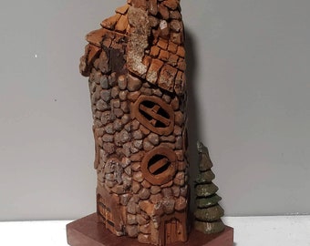 Hand carved Bark house, Gnome home, Fairy House, with tree and LED lighting