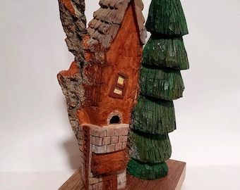 Hand carved Bark house, Gnome home, Fairy House, with tree