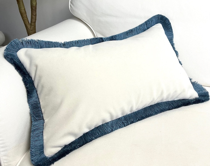 Luxury White Velvet Pillow Cover With French Blue Fringe Trim. Parisian ... - Luxurious Penthouse Apartment Throw Pillows