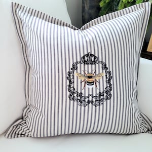 Ticking Striped pillow /Queen Bee Decorative Throw Pillow/Blue and White French Country Accent pillow/ Handmade  Sofa cushion.