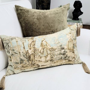 French Country Toile Pillow, Toile Lumbar Pillow, Bosporus Flax, Pillow with Tassels, Victorian woman.