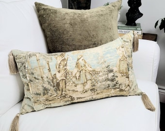 French Country Toile Pillow, Toile Lumbar Pillow, Bosporus Flax, Pillow with Tassels, Victorian woman.