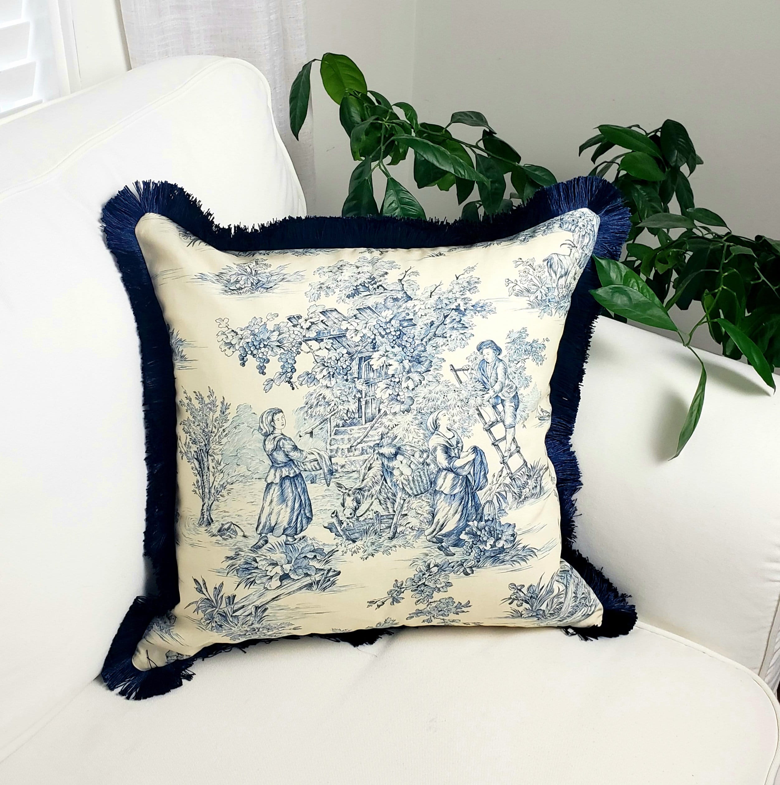 Blue Toile French Pillow Cover. Blue and White Fringe Pillow