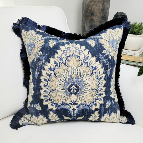 Madalion Pillow Cover with Fringes. Navy,Blue, Tan and Ivory Cushion. Handmade Home decor. Accent Pillow