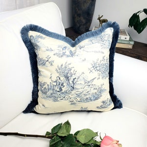 Blue Toile French Pillow Cover. Blue and White Fringe Pillow. Cottage Cushion. Summer Decorative Pillows. Gifts for Mom.