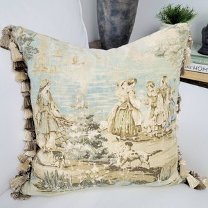 French Country Toile Pillow Cover, Bosporus Flax, Decorative Throw Pillow with tassel trim. French Toile Victorian pillow.