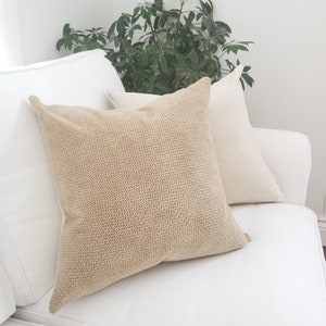 Beige and Cream Accent Pillow, Tan and Off-white Velvet Cushion, Monochrome Decorative Pillow Cover. Contemporary Velvet Couch Pillow.