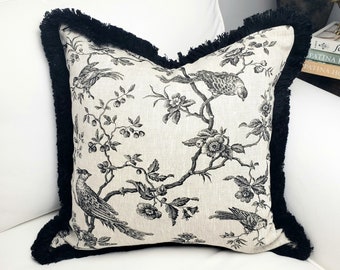 French Toile Black and Beige Bird Pillow Cover