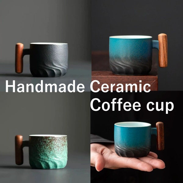 Japanese-style Ceramic Coffee Cup/Tea Cup with Wooden Handle [Handmade] - 80 mL -