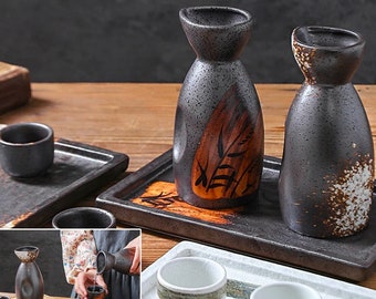 Vintage Japanese Sake Set [Handmade] - 4 designs Sake Serving Bottle and Cups -