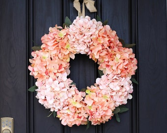 Spring Hydrangea Wreath for Front Door, Mother's Day Gift, Pink Hydrangeas, Cottage Style Spring Floral Wreath for Front Door, Easter Wreath