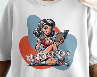 Retro Book and Iced Coffee Lover Shirt, I Like My Books Spicy And My Coffee Icy, Smut Reader Gift for Friend, Funny Preppy Womens T-shirt