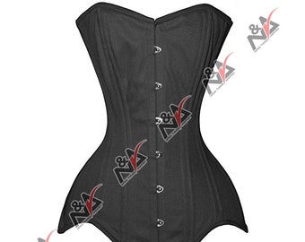 Handmade Women Black  Cotton Overbust Black Corsets Double Steel Boned Waist Training NA-015