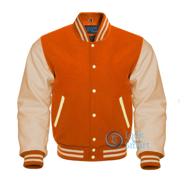 Varsity Letterman Baseball Bomber Orange Wool Genuine Cream Leather Sleeves Jacket Varsity Men's Women's Kid's Letterman college jackets