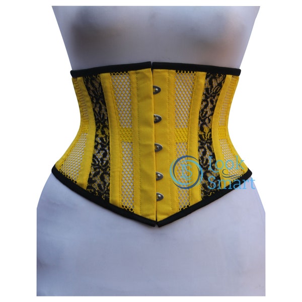 Handmade women Underbust yellow Mesh with black followers mesh straps corsets Steel Boned Truly Waist Trainer Corsets NA-46YCM