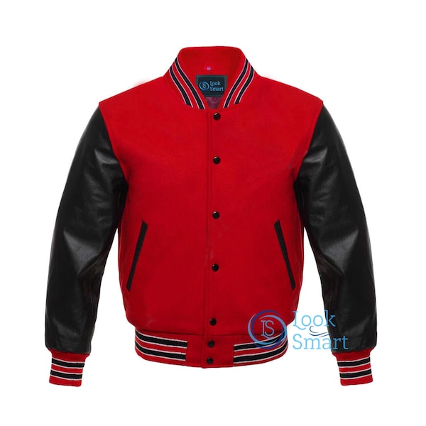 Varsity Letterman Baseball Bomber Red Wool and Genuine Black Leather Sleeves Jacket Varsity Men's Women's Kid's Letterman college jackets