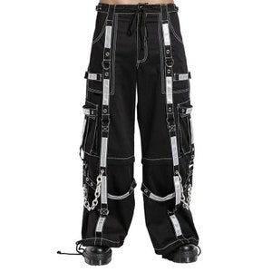 Handmade Men's Gothic Threads Reflective Pant Black Punk Buckle Zips Chain Strap Punk Trousers with understated Gothic Pants NA-405-GT