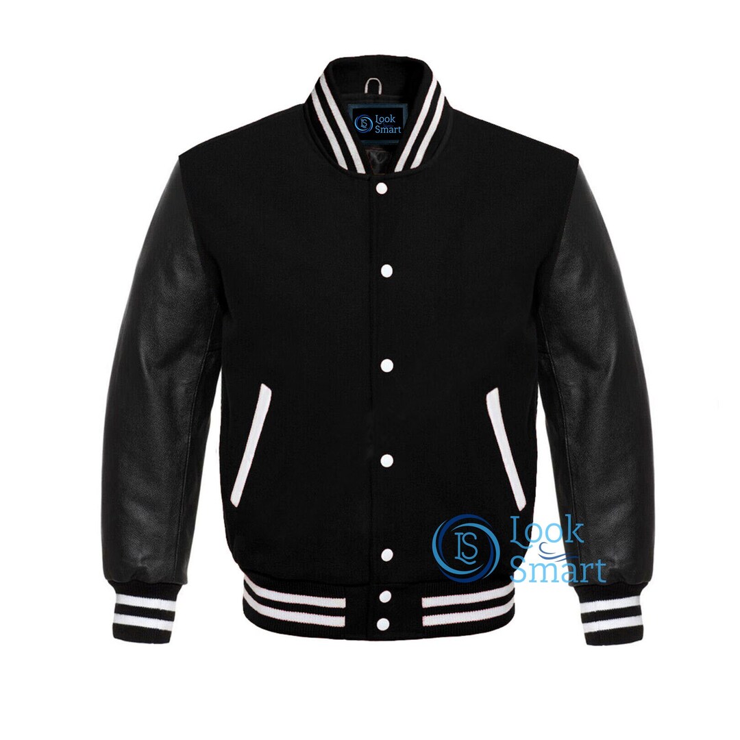 Hi-GermanWears Solid Black Wool Varsity Jacket – Genuine Leather Sleeves, Letterman Style