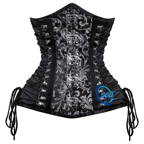 Handmade Women Black Brocade Satin Underbust Corsets Steel Boned Waist Trainer NA-64 Steampunk corset with buckles