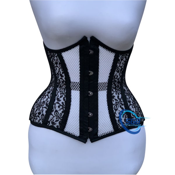 Handmade Women Black and White Mesh Underbust Corset Heavy Duty Steel Boned Corset Waist Training Hourglass Shape Corset