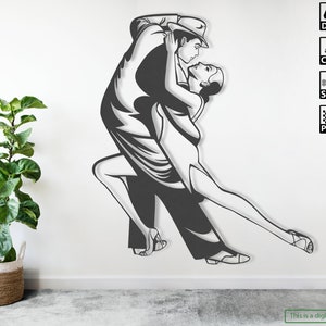 Peut inclure: Une silhouette noire et blanche d'un couple dansant le tango. L'homme porte un chapeau et la femme une robe. L'image est adaptée pour être téléchargée numériquement pour des projets d'artisanat.