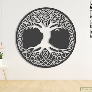May include: A black and white Celtic knot tree of life design. The tree is stylized with intricate knots and swirls. The design is circular and has a dark gray background.