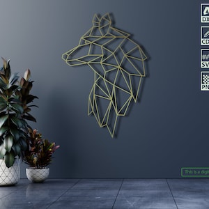 レーザーおよびプラズマカット用の幾何学的なオオカミの肖像画 DXF ファイル - 印刷用の SVG および PNG ファイル - 編集用の Ai および Cdr ファイル。