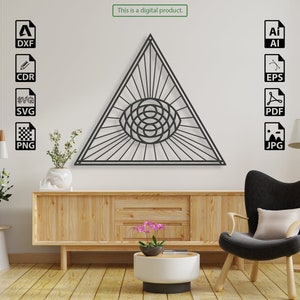 May include: A black and white geometric design of a triangle with a circle inside. The design is in a modern style and would look great as a wall decor piece. This is a digital product.