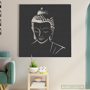 May include: A digital download of a black and white line art illustration of the face of Buddha. The image is suitable for use as a wall art design, laser cutting template, or for other crafting projects.