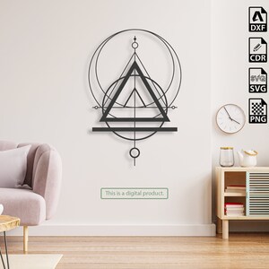 May include: A digital download of a geometric design featuring a triangle, circles, and lines. The design is in black and white and is suitable for use in crafting projects.