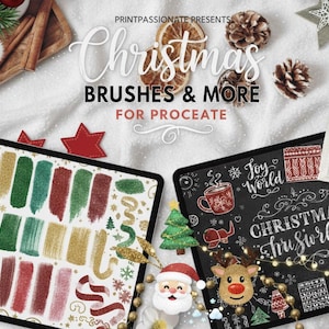 Può includere: Un'esposizione di prodotti di arte digitale con il testo "Christmas Brushes & More for Procreate". L'immagine presenta due tablet con pennellate e illustrazioni natalizie, insieme a decorazioni festive.