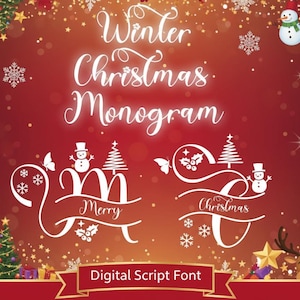 Peut inclure: Fond rouge festif avec le texte blanc « Winter Christmas Monogram ». L'image présente des illustrations sur le thème de Noël, notamment des bonhommes de neige, des flocons de neige et des arbres de Noël. Les mots « Digital Script Font » sont également affichés.