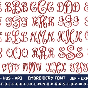 May include: A red embroidery font alphabet with uppercase letters in a cursive style. The letters are arranged in rows, with each letter repeated three times. The letters are outlined in red and have a white background.