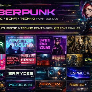May include: A digital graphic promoting a Cyberpunk font bundle. The image features a futuristic woman with red hair and a cybernetic interface. Text includes "+50 Premium Cyberpunk" and "Futuristic / Sci-Fi / Techno Font Bundle".
